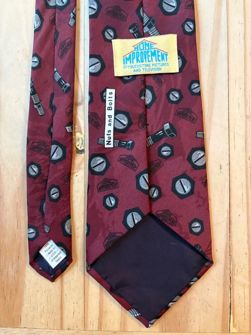 Vintage 90s Home Improvement TV Show Novelty Tie Burgundy Nuts & Bolts Tool Time
